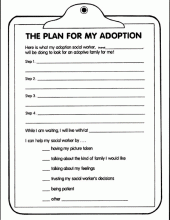 Worksheet from My Adoption Workbook; This page details the roles of the social worker and the child waiting to be adopted.