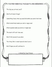 Page from Your Foster Care Memory Book; Thoughts from the foster parent with guided questions.