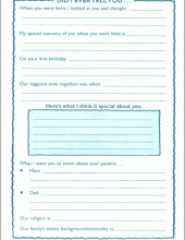 My Family Connections Booklet; worksheet for biological parent to write thoughts and feelings about the child entering foster care