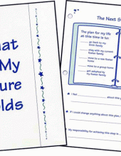 A worksheet from The Real Me Teen Life book; answer the questions in this chapter to plan for the future. Questions are about school, jobs, and adult living.